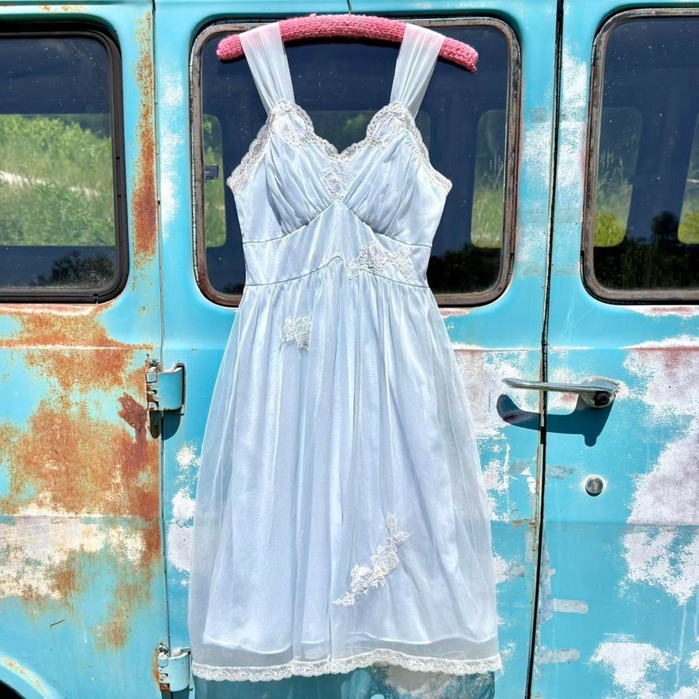 50s Laros blue double layer peignoir nightgown dress w/ sweetheart bust